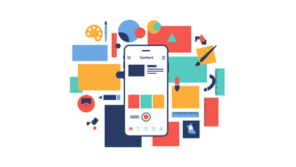 Colorful graphic design elements surrounding a smartphone with a user interface on its screen. © Abhinaya Project