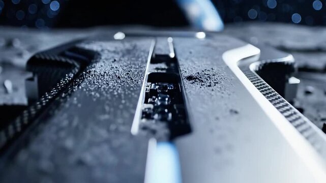 A sleek, futuristic-looking metallic device with a central groove sits on a dark, wet surface, illuminated by blue light
