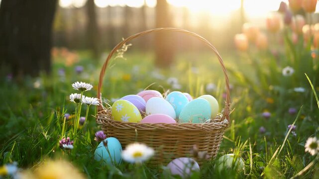 Woven basket with colorful Easter eggs, daisies, and lush grass in a sunlit spring meadow on a sunny spring day