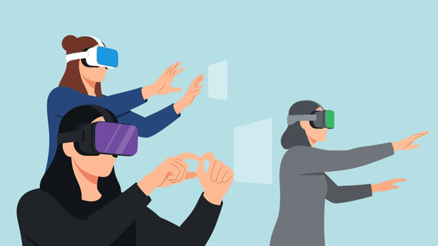 Group of people wearing virtual reality headsets and interacting with technology.