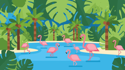 Tropical landscape with pink flamingos in a serene lagoon surrounded by palm trees. © Abhinaya Project