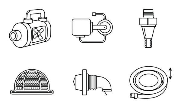 Marine pump and hose equipment icons including bilge pump and thru-hull fittings for boat maintenance