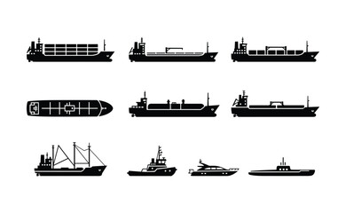 Obraz premium Set of different types of ships vector illustration isolated on transparent background in silhouette style