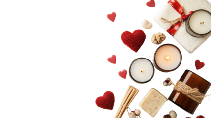 Romantic valentine's day gifts, candles, soap, hearts on transparent background