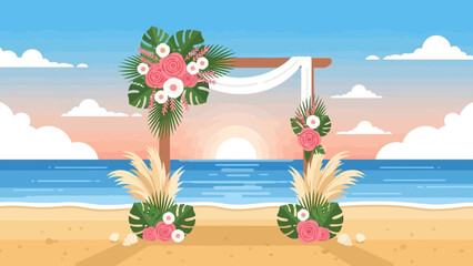 Obraz premium Tropical beach wedding ceremony setup with floral decorations and arch.