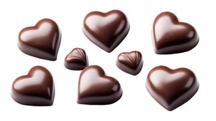 Delicious chocolate heart candies isolated on transparent background