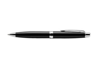 A sleek executive ballpoint pen in black lacquer and polished chrome, isolated on a transparent background with copy space. Concept of corporate branding