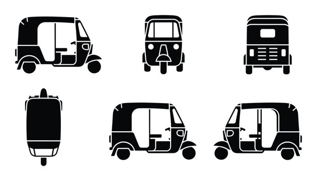 Set of silhouette tuk tuk rickshaw side front and back view vector illustration