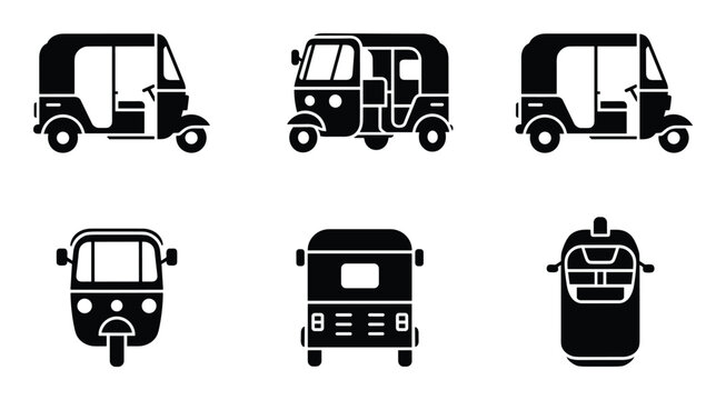 Set of silhouette tuk tuk rickshaw side front and back view vector illustration