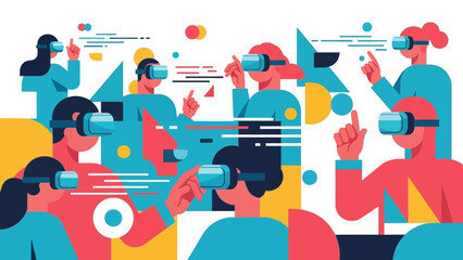 People using virtual reality headsets in a futuristic setting.