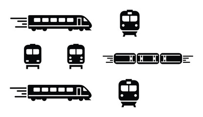 Train icon set black silhouette design transportation railway locomotive carriage railroader travel