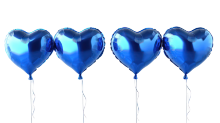 Four blue heart balloons on transparent background