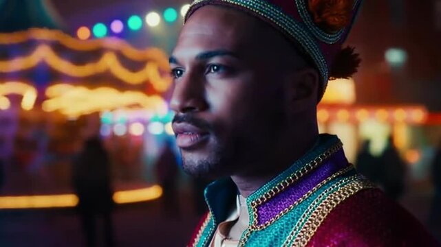 Young african american man in traditional ornate attire standing at a vibrant festival with blurred lights