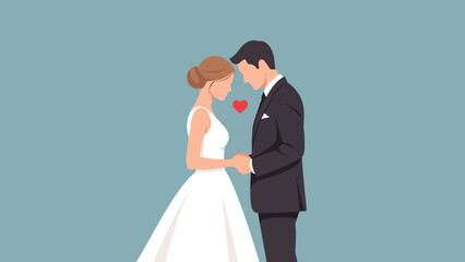 Romantic Cartoon Illustration of a Bride and Groom Sharing a Tender Moment.