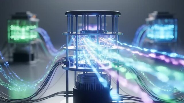 Quantum comg hardware with interconnected nodes, showcasing the future of technology and data processing.