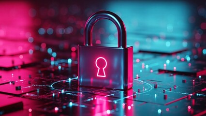 Cyber security lock with neon keyhole on circuit board