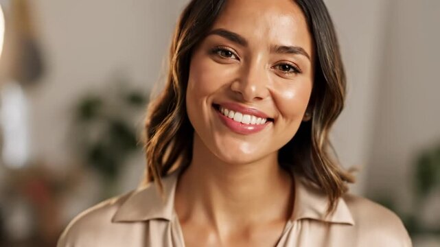 Beautiful woman smiling and showing confidence in front of a blurred background promoting beauty and self-esteem