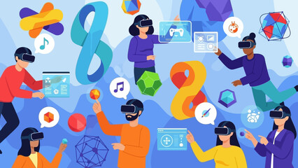 People using virtual reality headsets and interacting with digital icons.