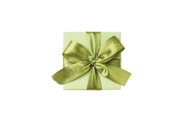Green gift box with satin bow for Women's Day, isolated, PNG