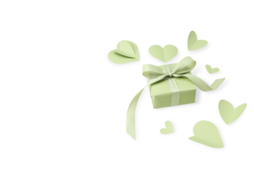 A green gift box surrounded by heart shapes for 8 March, isolated, PNG