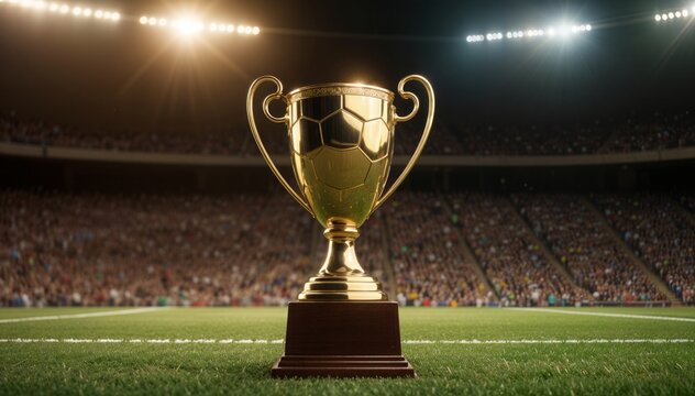 Golden soccer trophy cup on a green grass field in a crowded stadium at night, representing championship victory and athletic achievement in professional football.