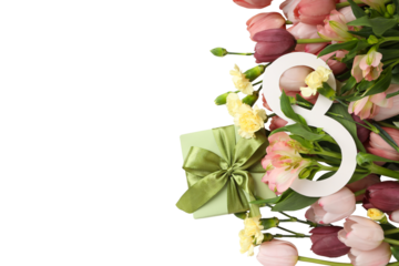 Flowers and a gift box for Women's Day, isolated, PNG