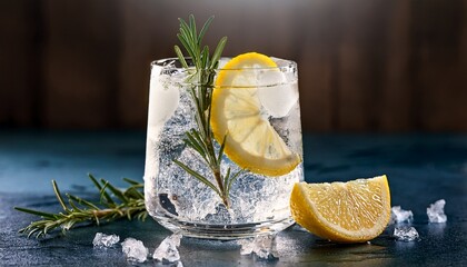 Refreshing Gin And Tonic Cocktail With Rosemary And Lemon Slice On Ice