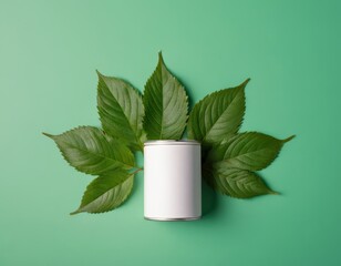 Blank white cylindrical tin can mockup resting on green leaves over a green background, perfect for organic tea or natural skincare brand presentation.