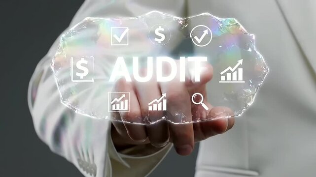 AI Bias Auditing is a crucial process shown on a futuristic transparent screen, highlighting financial integrity and data analysis for modern enterprises.
