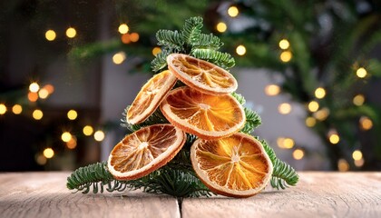 Closeup Small Christmas Tree With Dried Oranges As Decorations For Holidays