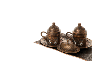 Decorative tray with ornate Arabic items, isolated, PNG