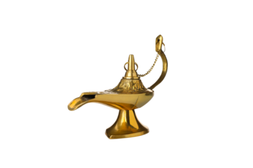 A gold-colored Arabic lamp standing on a flat surface, isolated, PNG