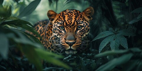 Wild jaguar portrait staring intensely through dense green tropical rainforest foliage, big cat predator hunting in natural jungle habitat