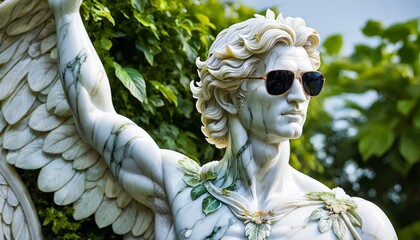 Classical marble statue of a winged male figure wearing modern aviator sunglasses in a garden setting, depicting a humorous blend of ancient art and contemporary fashion style