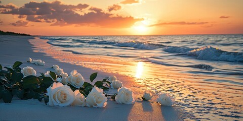 White roses scattered on wet sand at tropical beach sunset with golden sky and gentle ocean waves, romantic background for wedding invitations or peaceful memorial concepts