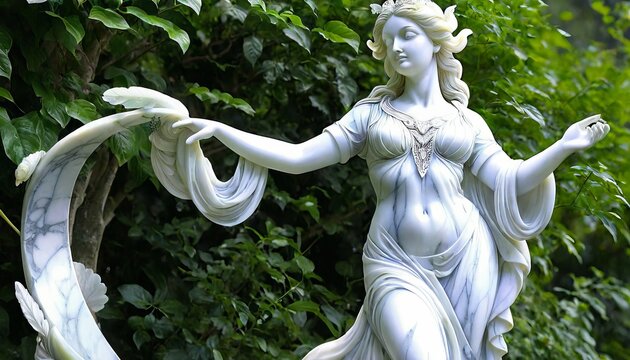 White marble statue of a goddess or nymph with flowing hair and draped clothing posing in a lush green garden setting, classical art sculpture for museum and garden decoration