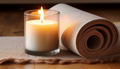 Charming Candle Placed Beside A Rolled Up Book On A Floor Creating A Cozy And Inviting Atmosphere For Relaxation