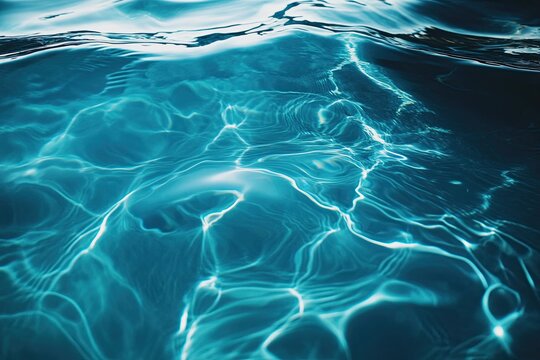 Abstract blue water surface texture with ripples and light reflections, swimming pool liquid background for summer vacation and spa concepts