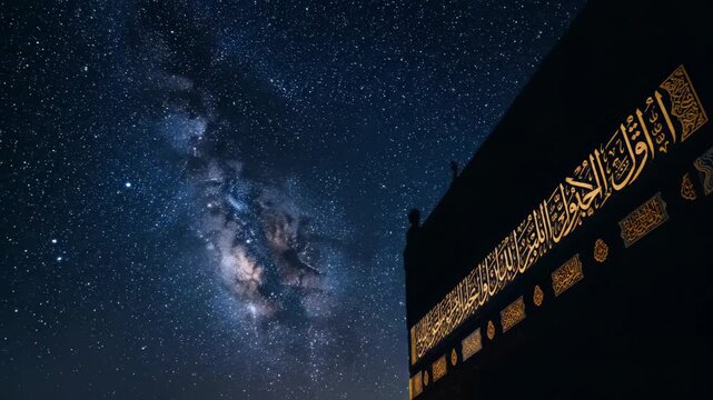 Kaaba at Night with Milky Way Galaxy with Mecca Saudi Arabia.
