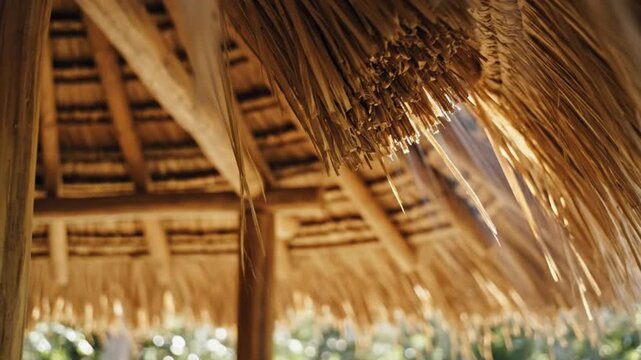 Low angle shot of a natural thatched roof on a sunny day with natural light and textures