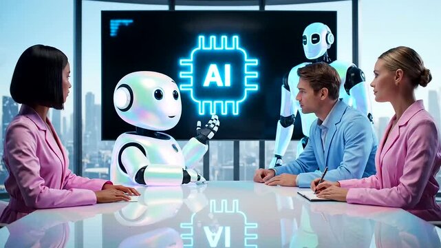 Successful AI Bias Auditing meeting with diverse team and advanced robots discussing ethical AI development in a futuristic boardroom.
