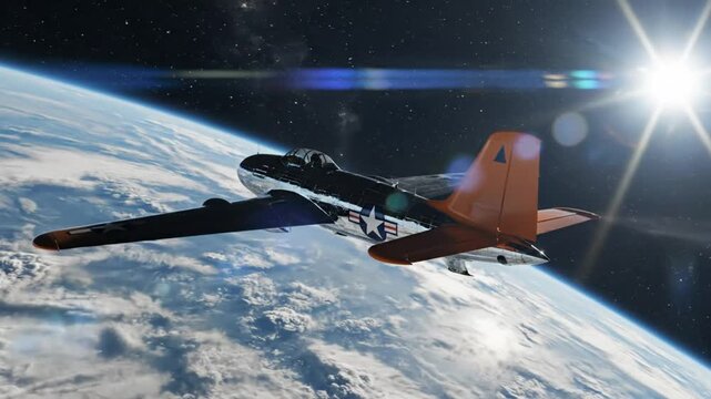 Vintage airplane soaring in space above Earth under the shining sun with lens flares and stars