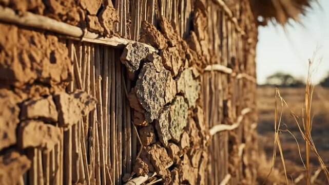 Close-up of a rustic, mud-brick wall of a dwelling, showcasing natural textures in a sunlit outdoor environment