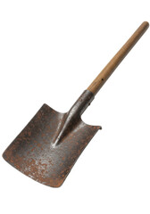 A detailed antique shovel with a rusty blade and worn wooden handle isolated on a bright white background. Concept of hard work and history