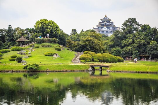 Korakuen Garden and the Black Okayama Castle in Okayama, Japan