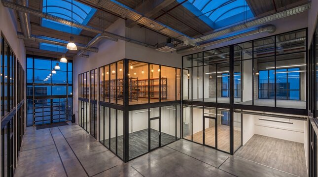 Expansive modern office interior with architectural glass partitions, high ceilings, and industrial design elements under bright skylights, creating a contemporary and professional workspace