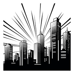 Obraz premium Pop art line art illustration of a dynamic cityscape depicting urban buildings with speed lines for modern design