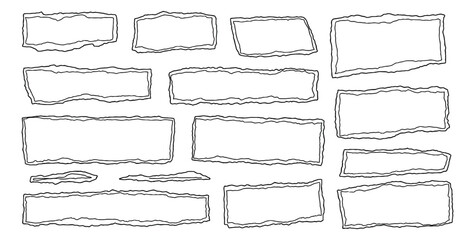 Hand drawn line art torn paper frame set featuring various rough-edged shapes for design and annotation