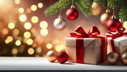 Festive Christmas Gifts And Decorations With Bokeh Light Background
