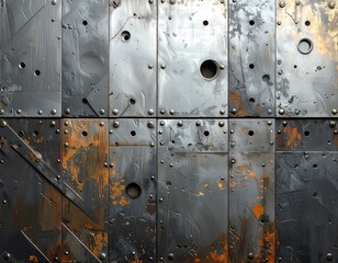 Metallic, square panels with rivet and hole details, showing distressed aging with rust, creating a textured, industrial look